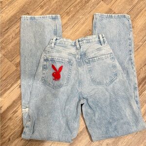 PLAYBOY Light Blue Denim Jeans with Red Embroidery on front & back